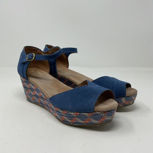 Toms Wedge Heel Shoes 7.5 Blue Suede Geometric Open Toe Sandals Ankle Strap - Picture 1 of 15